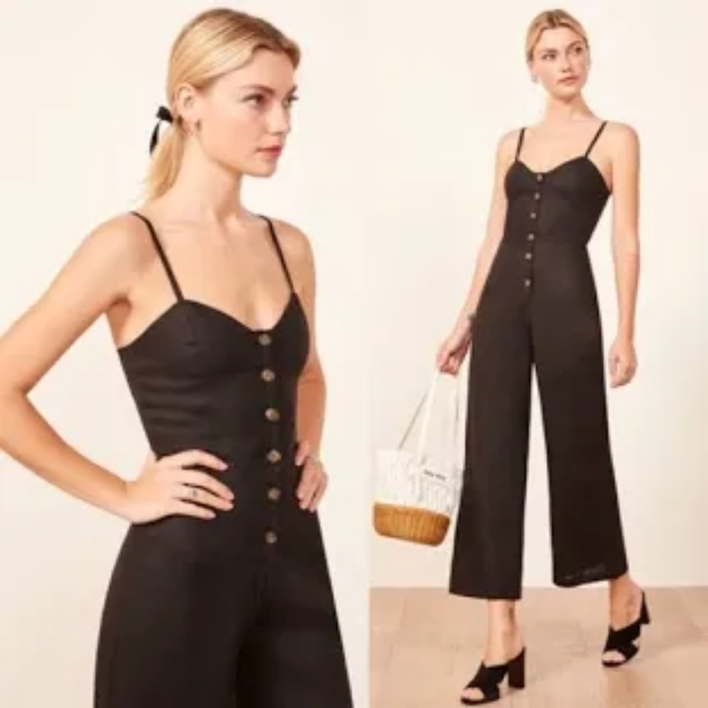 Reformation Black Button-Front Wide-Leg Jumpsuit